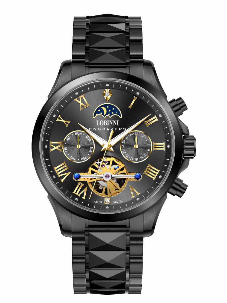 Lobinni Business Skeleton Luminous Hand Automatic Watch 42mm